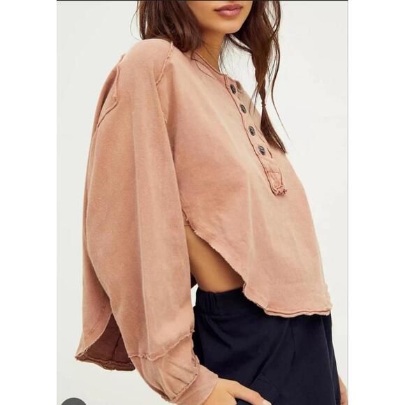 We The Free Melodi Henley Top Sz S Dolman Sleeve Cropped Boho Casual Round Hem - Picture 2 of 8